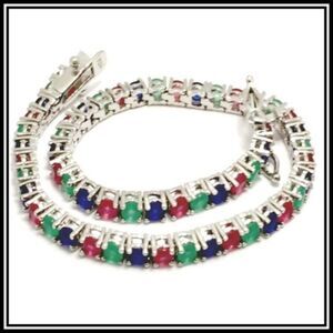 Elite, New & Not Worn, Genuine Emerald & Ruby Sterling Silver Bracelet SSQ50